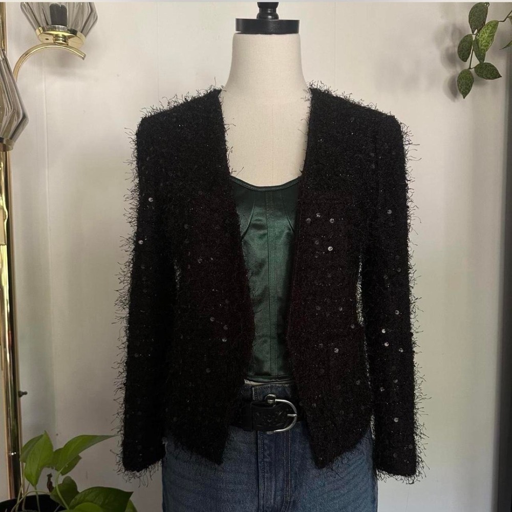 Loft Womens Black Fuzzy Sequin Open Front Tailored Jacket Size 4